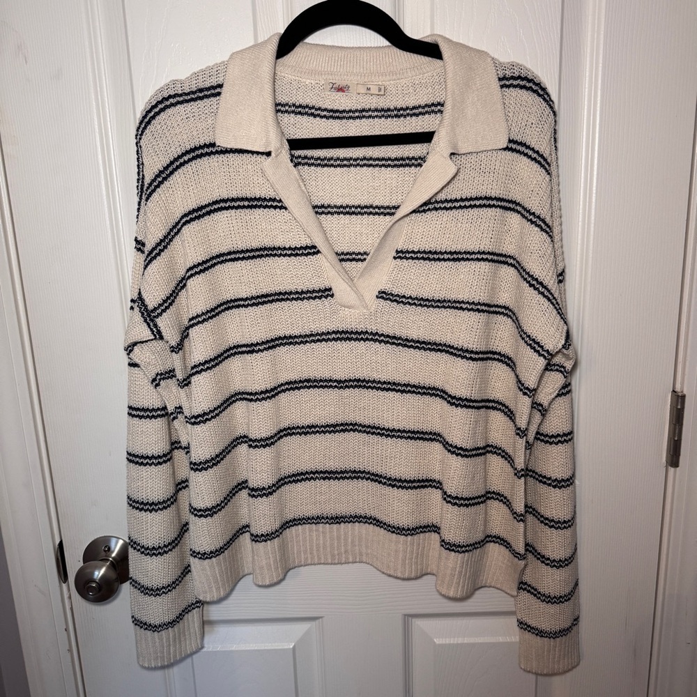 Faherty Cream and Navy Miramar Linen Polo Sweater
